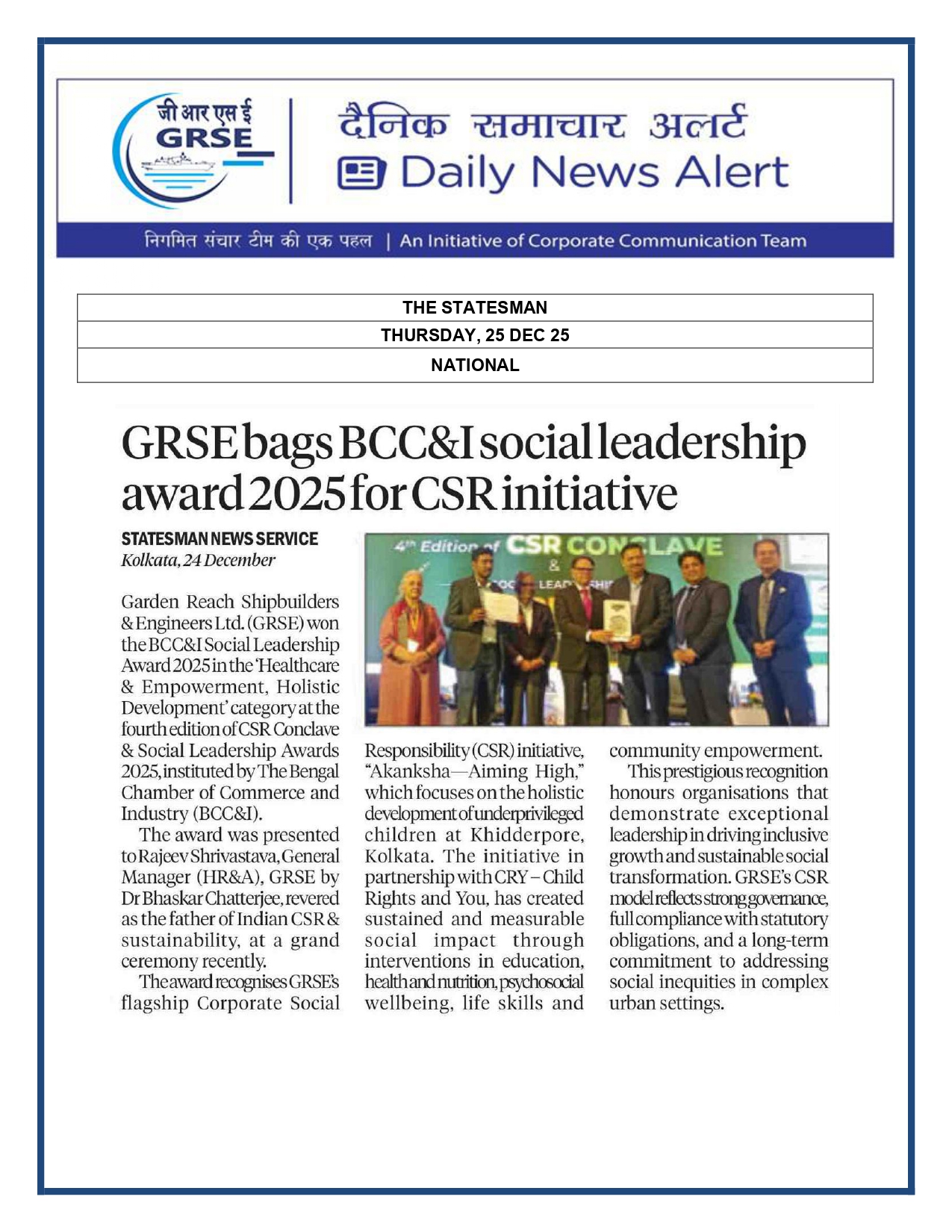   Press Coverage: 26 DEC 25: THE STATESMAN 